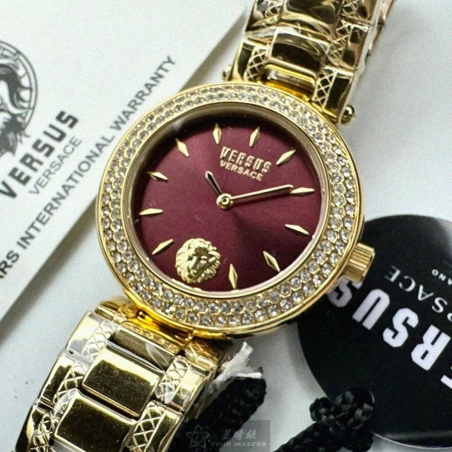 VERSUS VERSUS VERSACE手錶型號VV00367(桃紅錶面金色錶殼金色精鋼錶帶款)