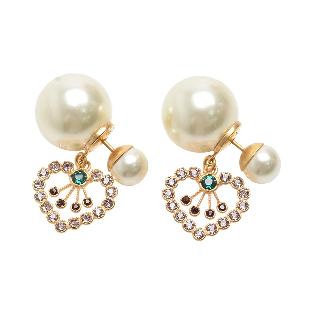 【Dior 迪奧】經典TRIBALES大小珍珠簍空愛心造型穿式耳環(金E1826-OR)