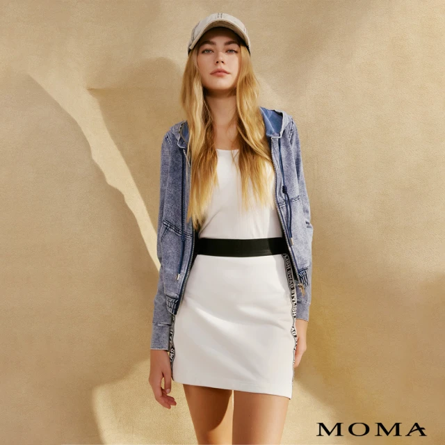 MOMA 牛仔拼接花紗格小香風短裙(白色)折扣推薦