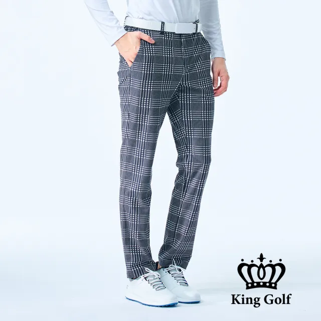 【KING GOLF】男款側腰鬆緊千鳥紋格紋印花高爾夫球長褲(深藍)