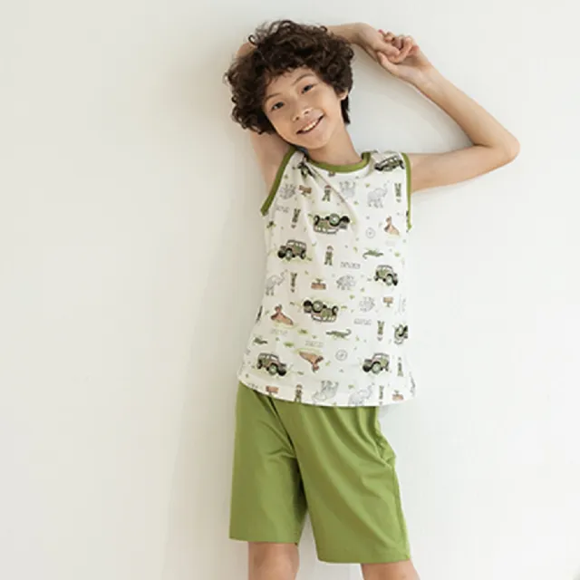 【annypepe】男童短袖居家服 縲縈Rayon 探險-綠110-150(男童背心 兒童居家服 兒童短袖套裝)