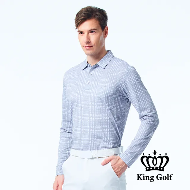 【KING GOLF】男款KG燙標滿版千鳥紋印圖薄款長袖口袋POLO衫/高爾夫球衫(淺灰)