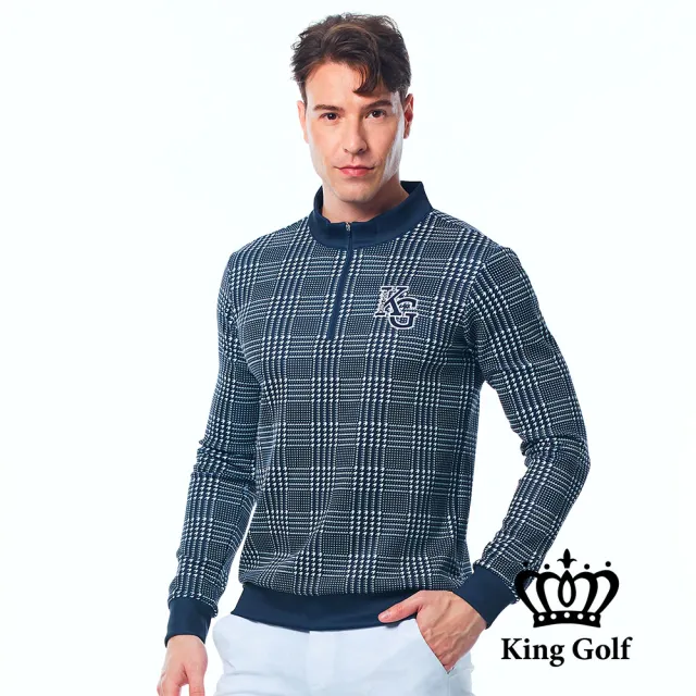【KING GOLF】男款中厚款小立領滿版千鳥格圖形長袖POLO衫/高爾夫球衫(丈青)
