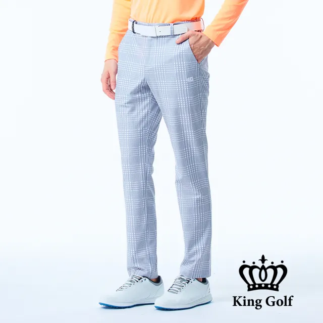 【KING GOLF】男款側腰鬆緊千鳥紋格紋印花高爾夫球長褲(灰色)
