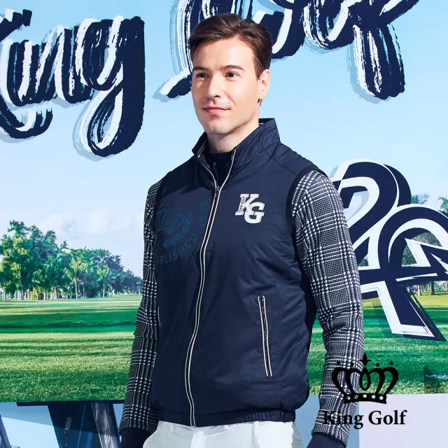 【KING GOLF】男款鋪棉立領厚款拉鍊高爾夫球外套背心(深藍)
