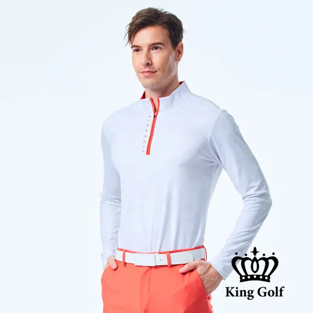 【KING GOLF】男款薄款立領拉鍊滿版迷彩KG印花長袖POLO衫/高爾夫球衫(白色)