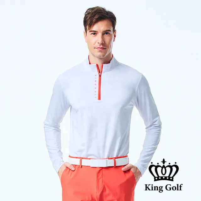 【KING GOLF】男款薄款立領拉鍊滿版迷彩KG印花長袖POLO衫/高爾夫球衫(白色)