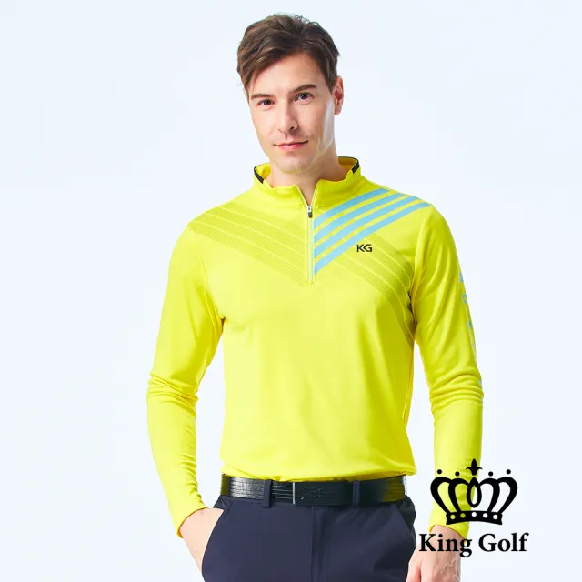 【KING GOLF】男款薄款立領拉鍊線條幾何圖形長袖款式POLO衫/高爾夫球衫(黃色)