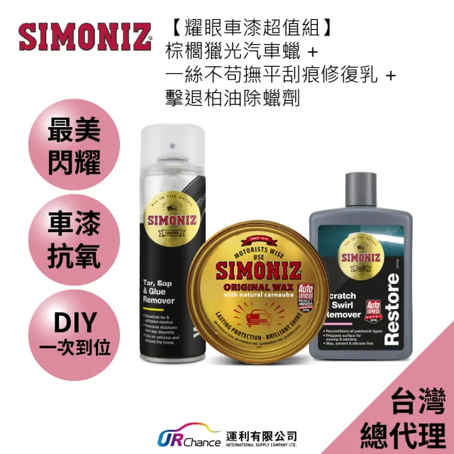 【SIMONIZ 喜美奈】耀眼車漆超值組(棕櫚獵光汽車蠟&一絲不苟撫平刮痕修復乳&擊退柏油除蠟劑)