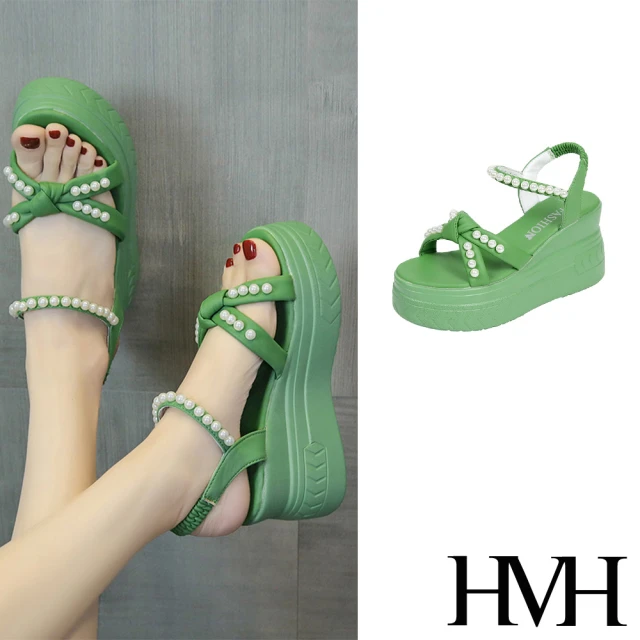 HMHHMH 坡跟涼鞋 厚底涼鞋/甜美珍珠交叉蝴蝶結造型坡跟厚底涼鞋(綠)