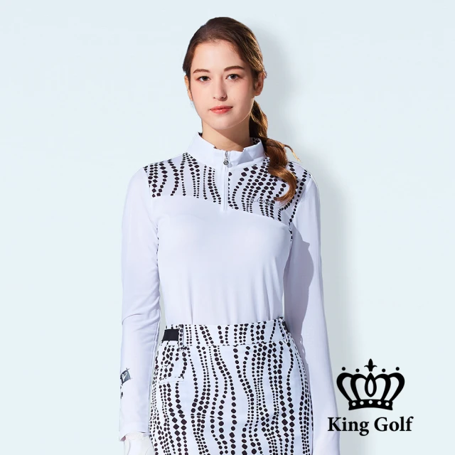 KING GOLF 門市新品-女款波浪點點印花立領拉鍊長袖POLO衫/高爾夫球衫(白色)