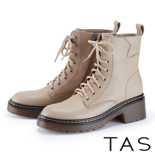 TASTAS 線條造型真皮綁帶厚底短靴(淺可可)