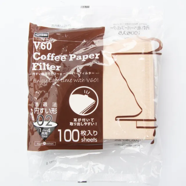 【NITORI 宜得利家居】日本製 V60無漂白02 100入 圓錐形咖啡濾紙 附耳無漂白 1-4杯份(咖啡濾紙)