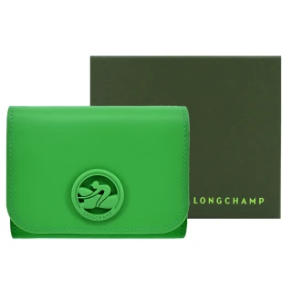 【LONGCHAMP】BOX-TROT系列小牛皮同色LOGO三折壓釦短夾(野草綠)