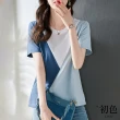 【初色】簡約撞色拼接短袖T恤-藍色-60899(M-2XL可選/現貨+預購)