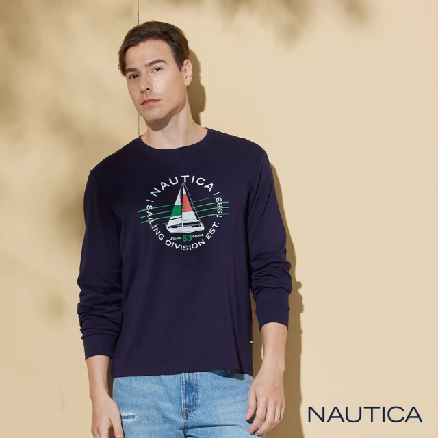 NAUTICANAUTICA 男裝 品牌帆船印花長袖T恤(深藍)