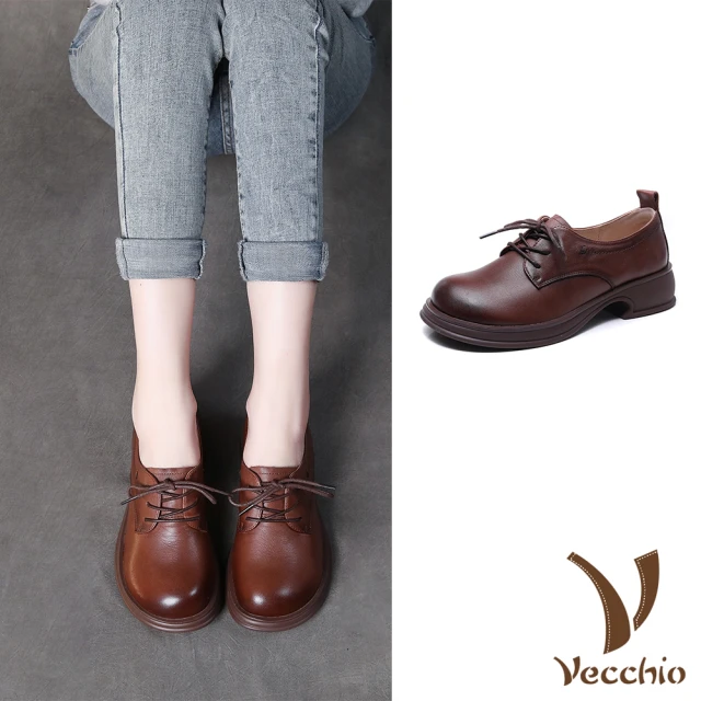 VecchioVecchio 真皮皮鞋 牛皮皮鞋/全真皮頭層牛皮寬楦復古繫帶小皮鞋(棕)