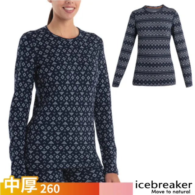 【Icebreaker】100% 美麗諾羊毛 女 Vertex 保暖圓領長袖上衣 雪花彩繪 BF260.T恤(IB0A56V2-259 海軍藍/白)