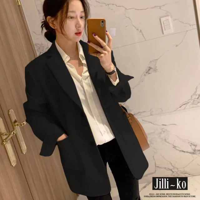 JILLI-KO 英倫風設計感通勤合身剪裁挺括西裝外套 -F(杏/黑)