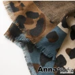 【AnnaSofia】保暖柔軟棉麻感披肩圍巾-拼色豹紋流蘇邊 現貨(藍咖系)