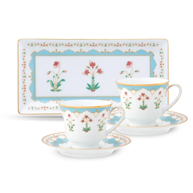 【NORITAKE】繽紛曼陀羅金邊杯碟咖啡下午茶5件組(咖啡對杯禮盒組+長方盤24CM)