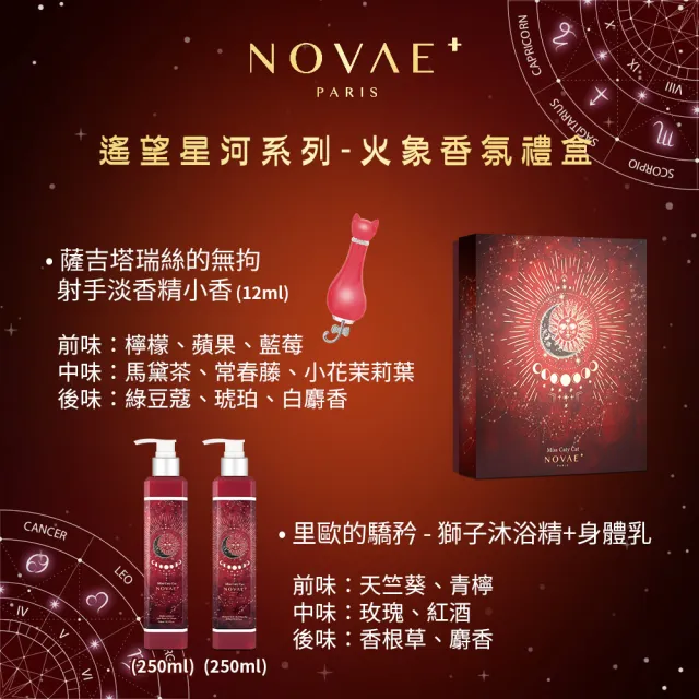 【Novae Plus 法國楉薇】遙望星河火象香氛禮盒-射手小香12ml+獅子沐浴精250ml+獅子身體乳250ml(專櫃公司貨)