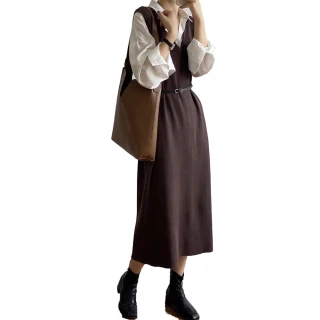 【MsMore】超流行的美拉德風穿搭V領設計寬鬆連身裙簡約背心中長版洋裝#119976(黑/咖)