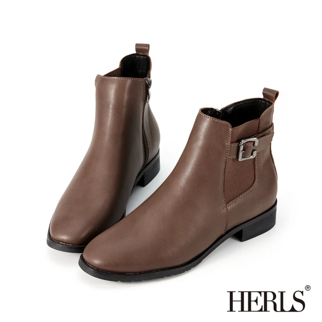 HERLSHERLS 短靴-率性釦環鬆緊彈性皮革短靴(咖啡色)
