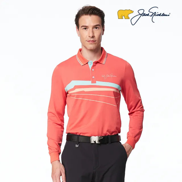 【Jack Nicklaus 金熊】GOLF男款吸濕排汗條紋印花POLO/高爾夫球衫(紅色)