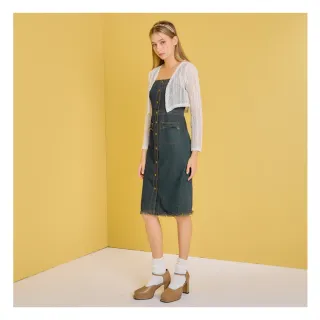 【YUTZUYA 優姿雅】二件組．仿舊丹寧腰身吊帶連身裙+鏤空針織外罩(無袖洋裝/長袖外套/可開排釦/抽鬚牛仔)