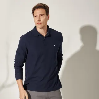 【NAUTICA】男裝 吸濕排汗百搭素面長袖POLO衫(深藍)