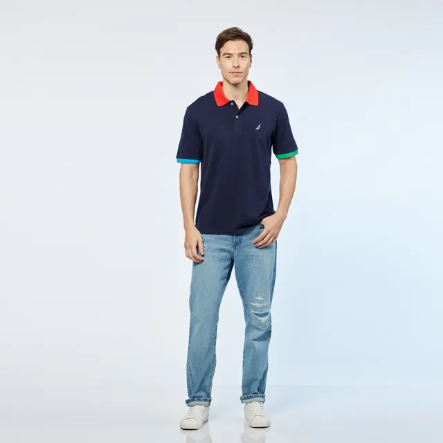 【NAUTICA】男裝 跳色領口短袖POLO衫(黑)