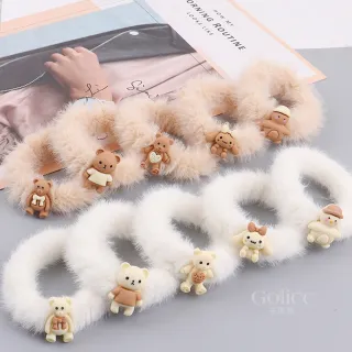 【Gulicc】髮圈 奶茶色 毛絨 小熊 兩入(新年 情人節 生日 髮飾 頭飾 大腸圈 髮夾 禮物)