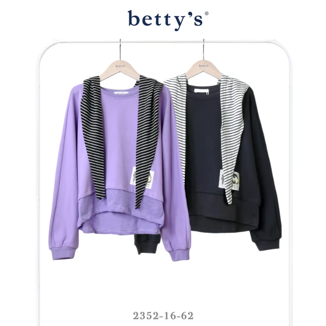 betty’s 貝蒂思 直條壓紋拼接不對稱下擺圓領T-shi