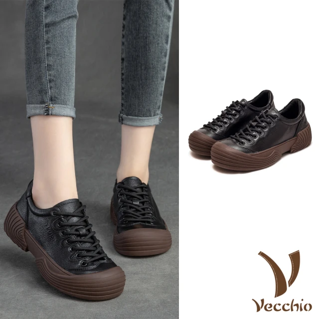 Vecchio 真皮休閒鞋 厚底休閒鞋/全真皮頭層牛皮護趾機 Vecchio 真皮休閒鞋 厚底休閒鞋/全真皮頭層牛皮護趾機能復古繫帶寬楦厚底休閒鞋(黑)