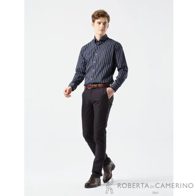 【ROBERTA 諾貝達】男裝 藍色條紋長袖襯衫-純棉合身版(義大利素材 台灣製)
