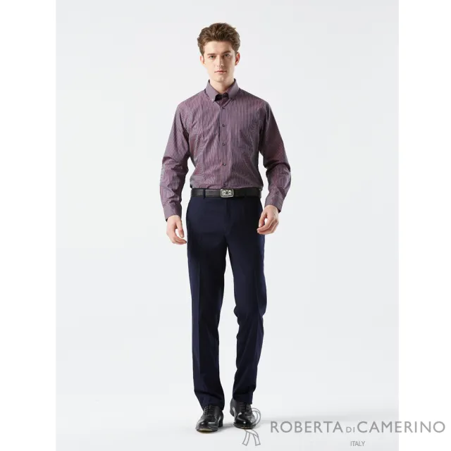 【ROBERTA 諾貝達】男裝 紫橘色條紋長袖襯衫-純棉合身版(奧地利素材 台灣製)