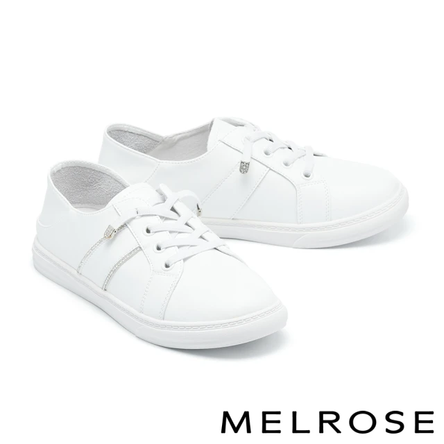 MELROSE 美樂斯 簡約日常水鑽條彈性鞋帶牛皮QQ厚底休閒鞋(白)