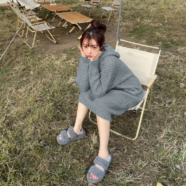 【AS 梨卡】氣質寬鬆坑條麻花長袖中長版連帽連身針織裙DR309
