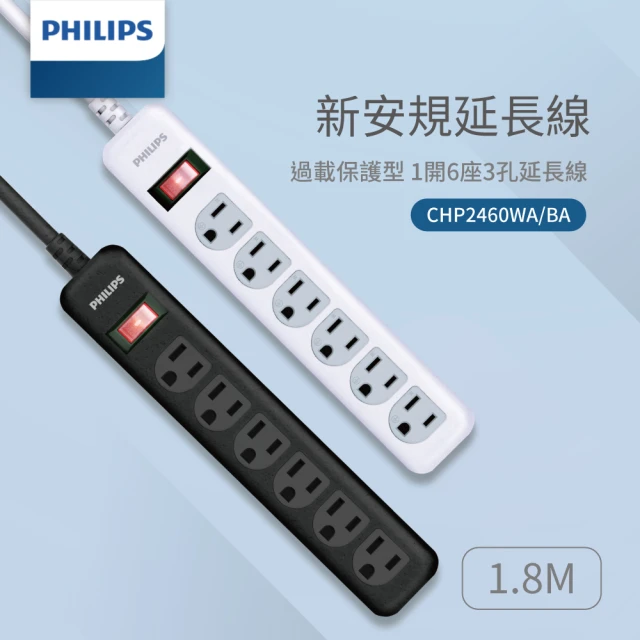 Philips 飛利浦Philips 飛利浦 1開6插1.8M延長線(CHP2460顏色隨機)