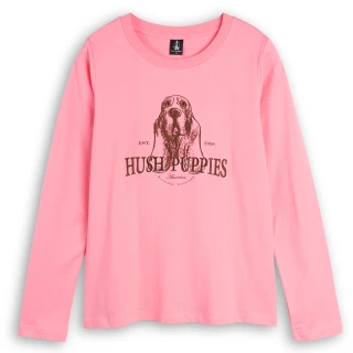 【Hush Puppies】女裝 T恤 女裝素描狗印繡花長袖棉質T恤(粉紅 / 34211107)