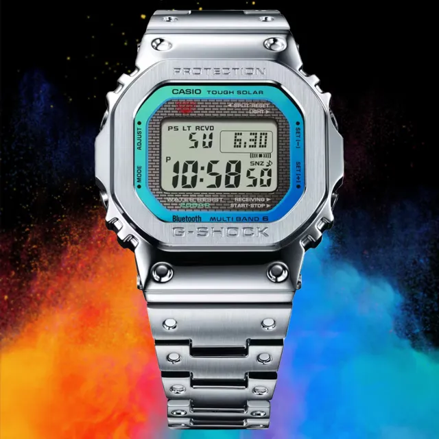 CASIO 卡西歐】G-SHOCK 彩虹光譜太陽能智慧藍芽全金屬方形電子錶-銀