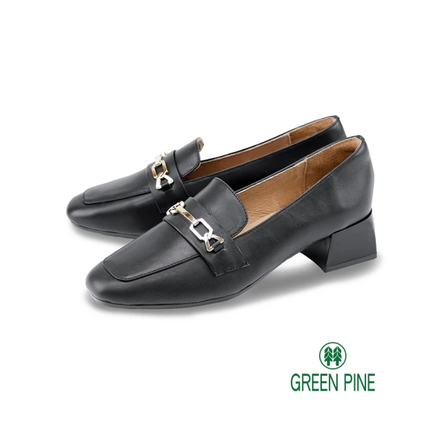 GREEN PINE 時髦鎖鏈全真皮粗跟樂福鞋黑色(0032