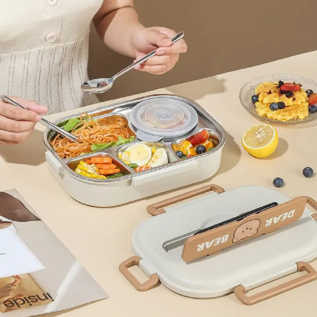 【Mega】可愛粉色小兔五格便當盒 學生分隔便當盒 附餐具+湯碗(飯盒 餐盒 保溫 餐盤 便當袋需另購)