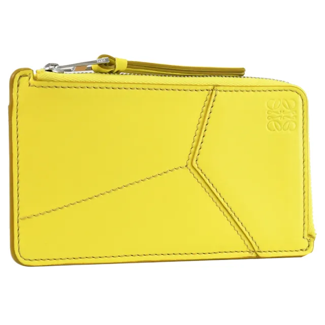 【LOEWE 羅威】PUZZLE 經典烙印LOGO幾何拼接小牛皮信用卡名片零錢包(黃)
