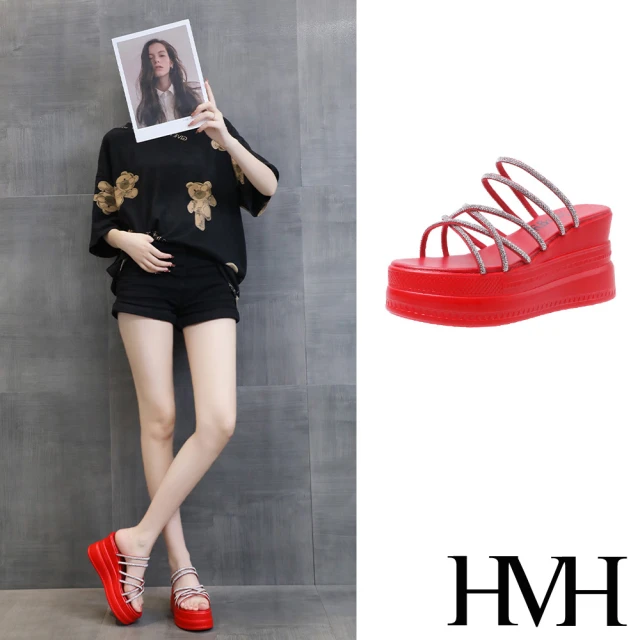 【HMH】坡跟拖鞋 厚底拖鞋 交叉拖鞋/閃耀亮絲細帶交叉造型坡跟厚底拖鞋(紅)