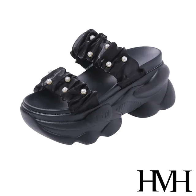【HMH】厚底拖鞋 一字拖鞋/緞面泡泡摺皺珍珠一字帶厚底拖鞋(黑)