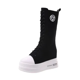 【HMH】厚底中筒靴 內增高中筒靴/素色布面內增高厚底繫帶中筒靴(黑)