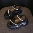 【HMH】厚底涼鞋 珍珠涼鞋/個性抓褶珍珠鍊帶厚底涼鞋(黑)