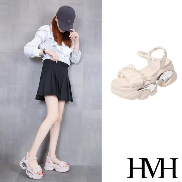 【HMH】厚底涼鞋 珍珠涼鞋/個性抓褶珍珠鍊帶厚底涼鞋(米)